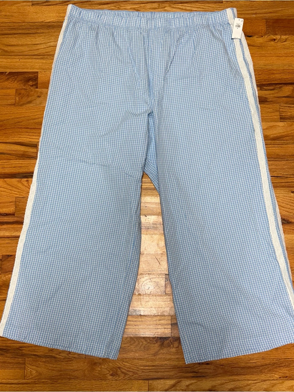 Old Navy Light Blue Gingham Wide-Leg Track Pants with White Side Stripe